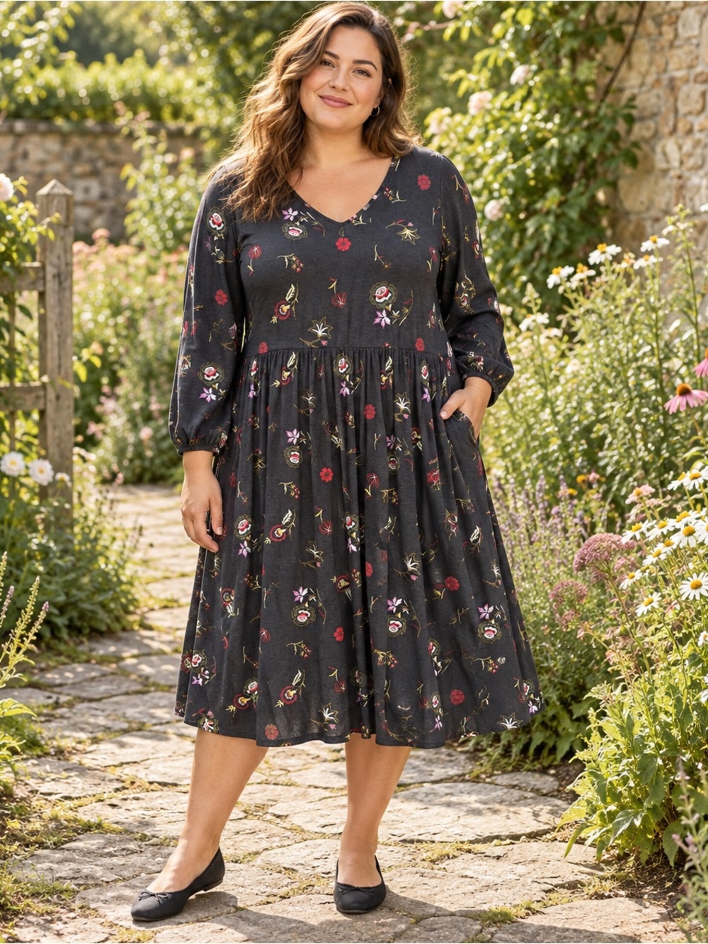 Old Navy Women’s XXL Black Floral Long Sleeve V Neck Midi Dress Boho Cottagecore